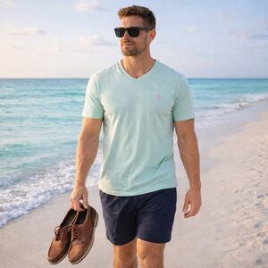 Polo Ralph Lauren Mens V Neck Short Sleeve Summer Green Tee Beach Vibe Shirt